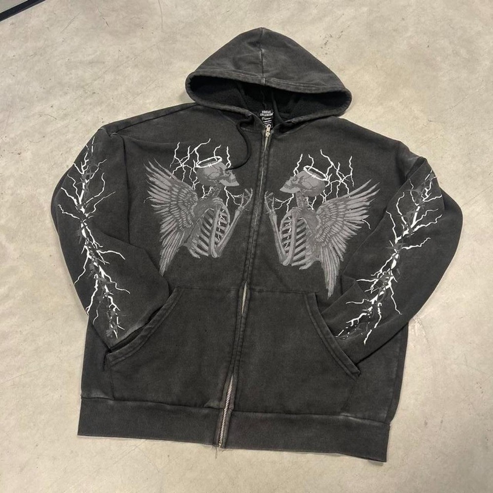 Y2K Affliction Style Emo Goth Black Zip Up Hoodie